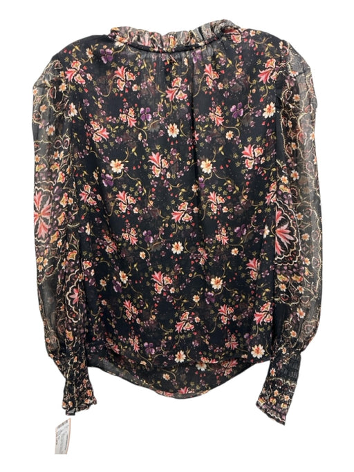 Misa Size Large Black & Pink Print Polyester Floral Tie Front Ruffle Detail Top Black & Pink Print / Large