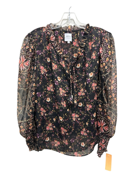 Misa Size Large Black & Pink Print Polyester Floral Tie Front Ruffle Detail Top Black & Pink Print / Large