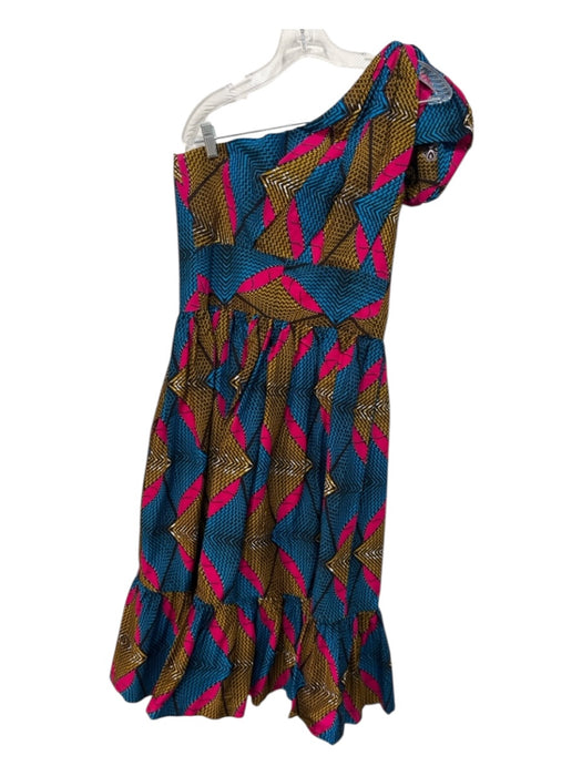 Sika Size 8 Blue, Pink, Yellow Cotton One Shoulder Abstract Geometric Midi Dress Blue, Pink, Yellow / 8