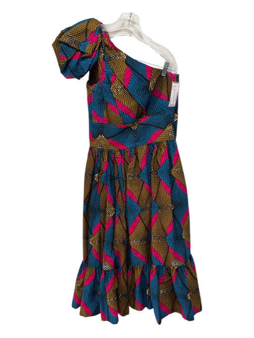 Sika Size 8 Blue, Pink, Yellow Cotton One Shoulder Abstract Geometric Midi Dress Blue, Pink, Yellow / 8