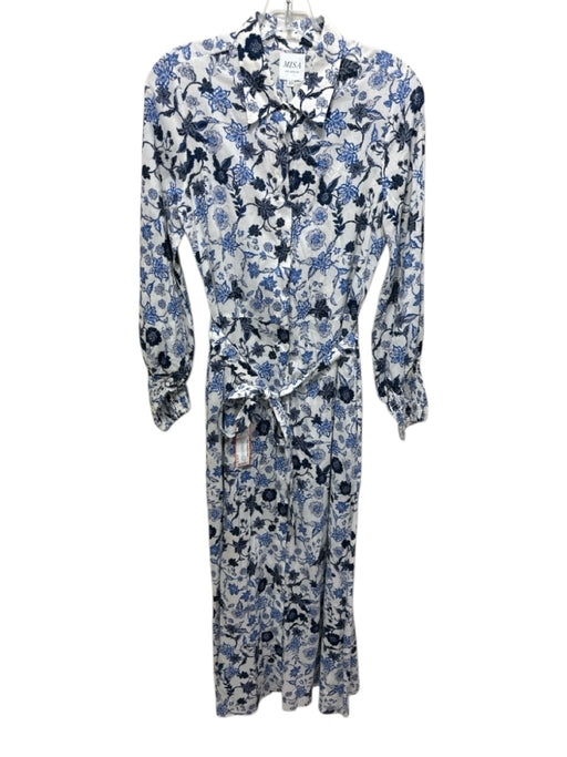 Misa Size XS Blue & White Rayon Blend Floral Long Balloon Sleeve Collared Dress Blue & White / XS