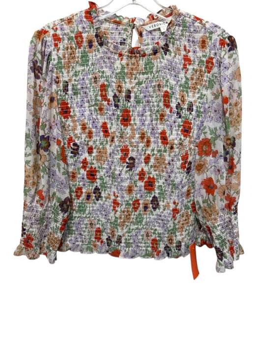 Veronica Beard Size 4 White & Multi Polyester Floral Long Balloon Sleeve Top White & Multi / 4