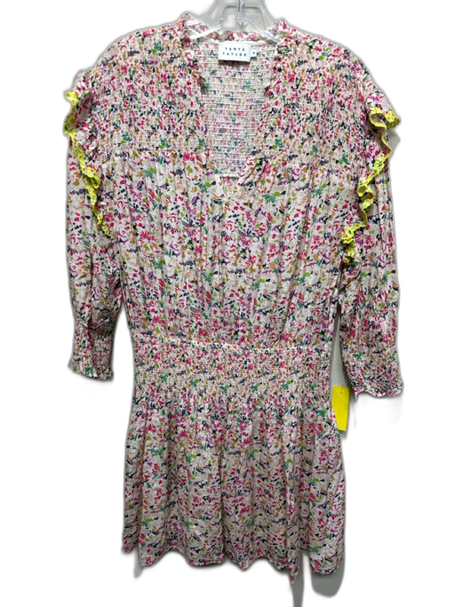 Tanya Taylor Size M Cream & Multi Viscose & Silk Long Sleeve Smocked Dress Cream & Multi / M