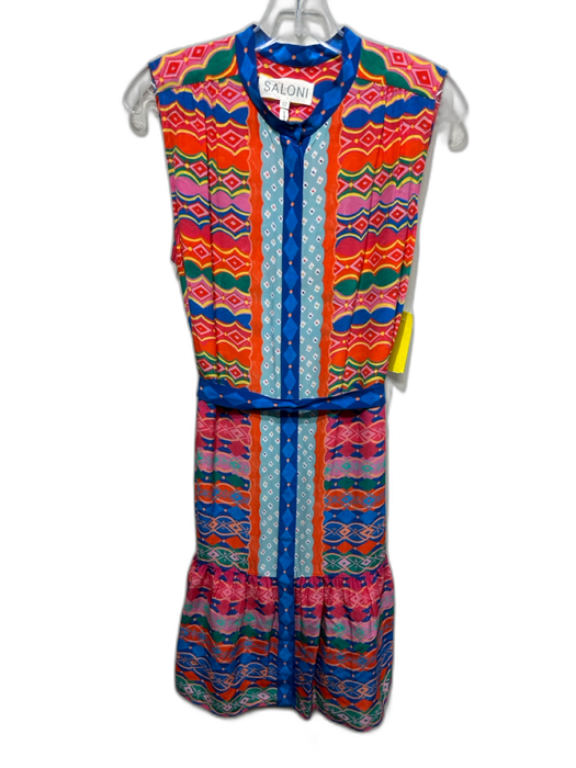 Saloni Size M Orange, Blue & Multi Silk Geometric Print Sleeveless Dress Orange, Blue & Multi / M