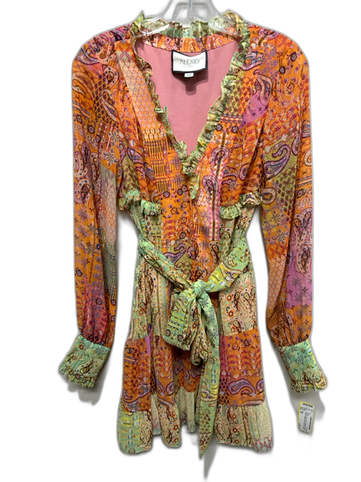 Alexis Size XS Orange, Green & Multi Polyester Long Sleeve Paisley Print Dress Orange, Green & Multi / XS