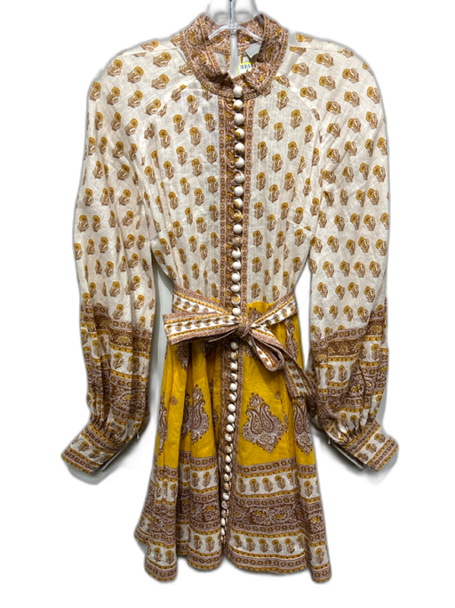 Zimmermann Size 1 / 0 - XS Cream, Brown & Yellow Linen Long Sleeve Printed Dress Cream, Brown & Yellow / 1 / 0 - XS
