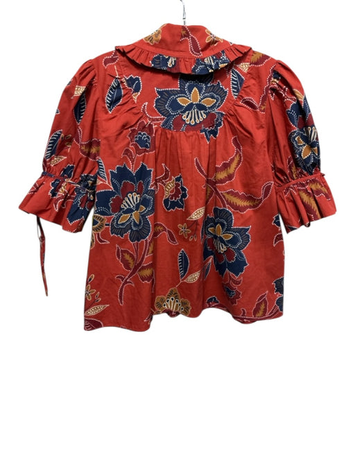 Hunter Bell Size XS Red, Blue & Brown Cotton Short Puff Sleeve Floral Print Top Red, Blue & Brown / XS
