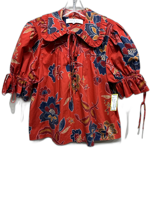 Hunter Bell Size XS Red, Blue & Brown Cotton Short Puff Sleeve Floral Print Top Red, Blue & Brown / XS
