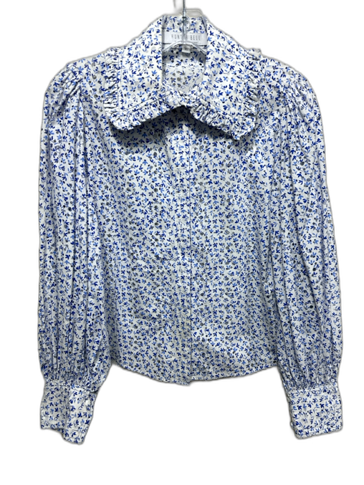Hunter Bell Size XS White & Blue Cotton Long Sleeve Floral Ruffle collar Top White & Blue / XS