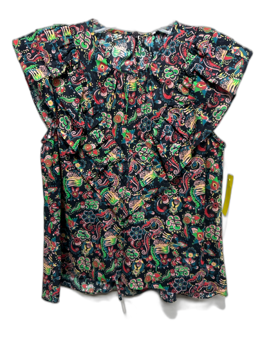 Derek Lam 10 Crosby Size XS Navy & Multi Cotton Floral Sleeveless Ruffle Top Navy & Multi / XS