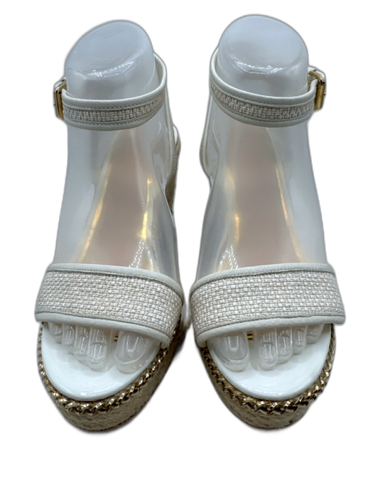 Lanvin Shoe Size 39 White & Beige Woven Leather Wedge Chain Detail Sandals White & Beige / 39