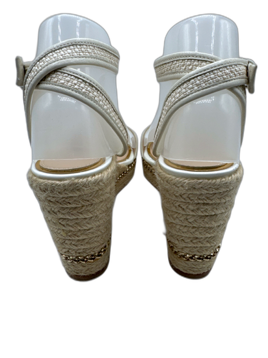 Lanvin Shoe Size 39 White & Beige Woven Leather Wedge Chain Detail Sandals White & Beige / 39