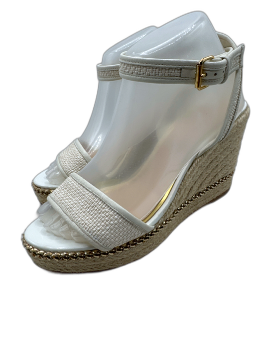 Lanvin Shoe Size 39 White & Beige Woven Leather Wedge Chain Detail Sandals White & Beige / 39