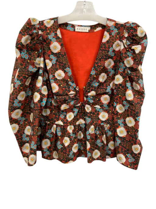 Rhode Size Small White, Red, Blue Cotton Long puff sleeve Floral Peplum Top White, Red, Blue / Small