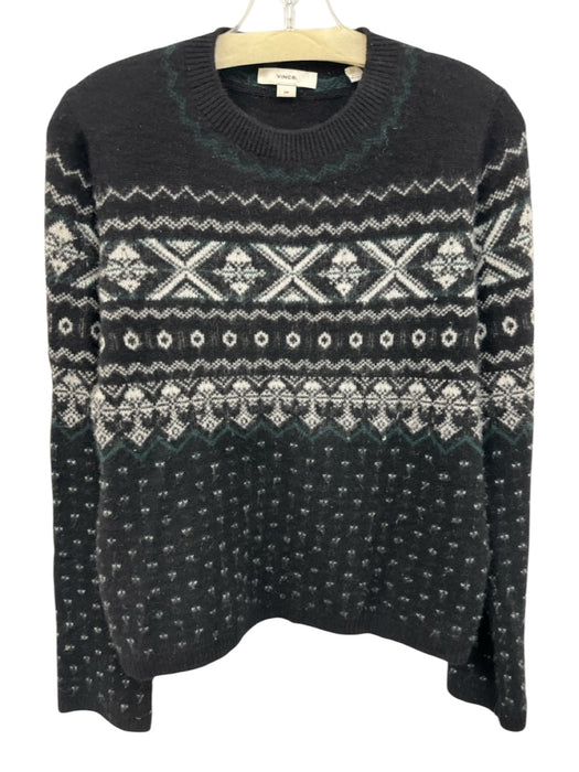 Vince Size S Black, White & Green Cashmere Knit Ribbed Hem Patterned Sweater Black, White & Green / S
