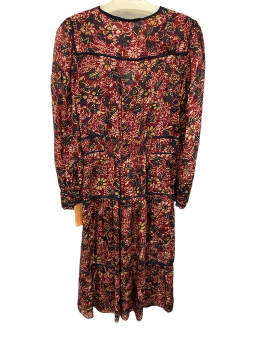 Ba&sh Size S Red, Navy Blue & White Viscose Long Balloon Sleeve V Neck Dress Red, Navy Blue & White / S