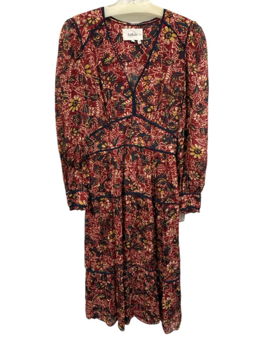 Ba&sh Size S Red, Navy Blue & White Viscose Long Balloon Sleeve V Neck Dress Red, Navy Blue & White / S