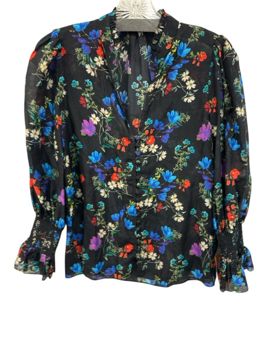 Alice + Olivia Size XS Black & Multi Cotton & Silk Floral 3/4 Balloon Sleeve Top Black & Multi / XS