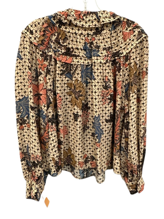 Ulla Johnson Size 2 Cream Beige & Black Silk Abstract Floral Tie V Neck Top Cream Beige & Black / 2
