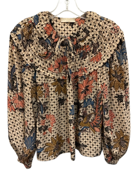 Ulla Johnson Size 2 Cream Beige & Black Silk Abstract Floral Tie V Neck Top Cream Beige & Black / 2