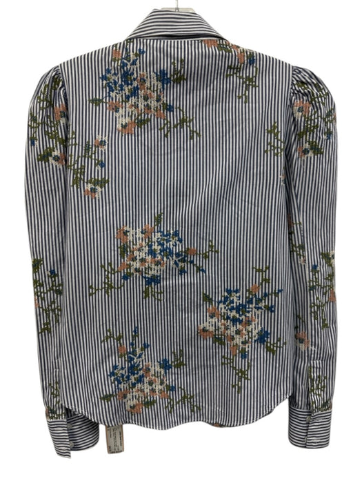 Veronica Beard Size 2 Blue & White Cotton Striped Floral Cross Stitch Top Blue & White / 2