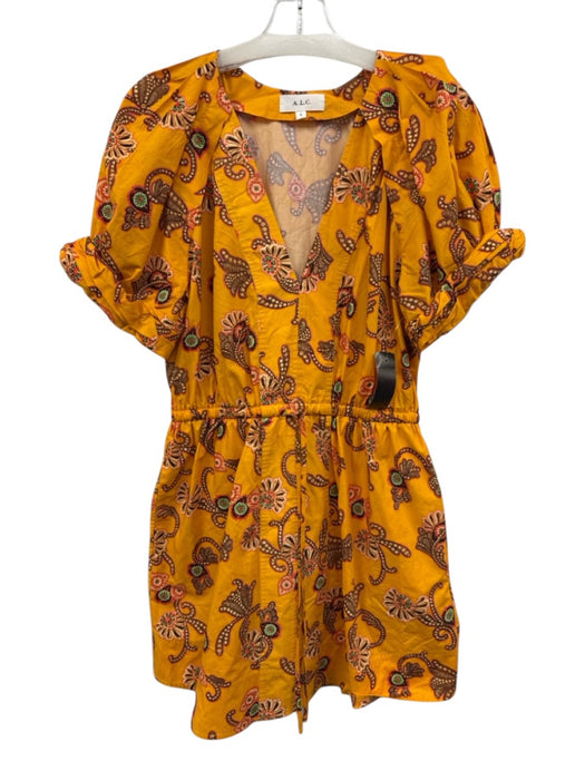 A.L.C. Size 8 Yellow & Multi Cotton Paisley Short Sleeve Pleat Detail Dress Yellow & Multi / 8