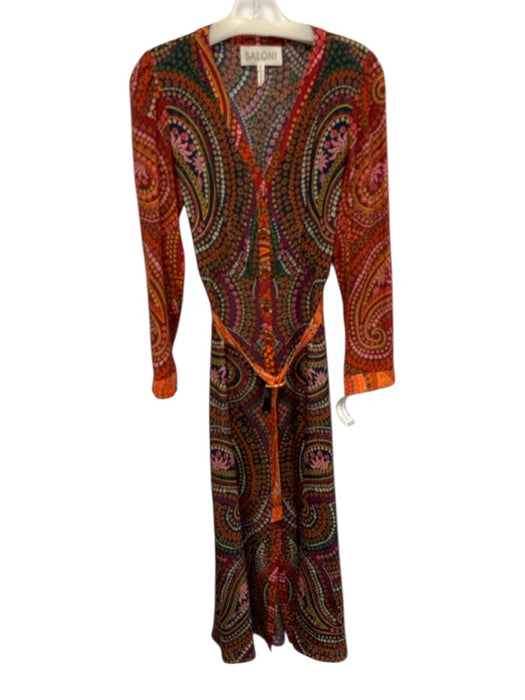 Saloni Size 4 Orange, Navy & Multi Silk floral pattern Long Sleeve V Neck Dress Orange, Navy & Multi / 4