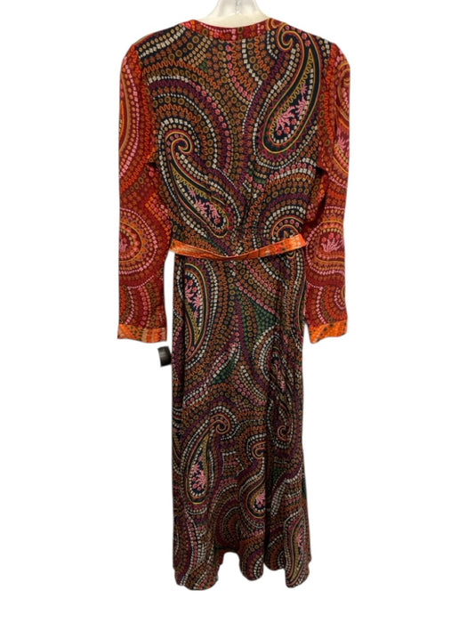 Saloni Size 4 Orange, Navy & Multi Silk floral pattern Long Sleeve V Neck Dress Orange, Navy & Multi / 4