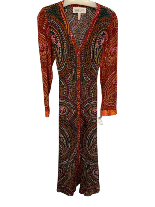 Saloni Size 4 Orange, Navy & Multi Silk floral pattern Long Sleeve V Neck Dress Orange, Navy & Multi / 4