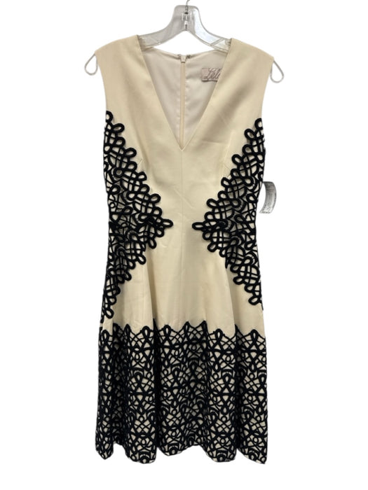 Lela Rose Size 0 Cream White & Black Rayon & Wool Blend Sleeveless V Neck Dress Cream White & Black / 0