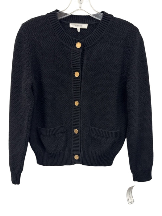 Frame Size M Black Cotton Blend Textured Knit Button Front Cropped Sweater Black / M
