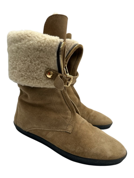 Burberry Shoe Size 38 Brown & Cream White Leather Upper Suede Zip & Buckle Boots Brown & Cream White / 38