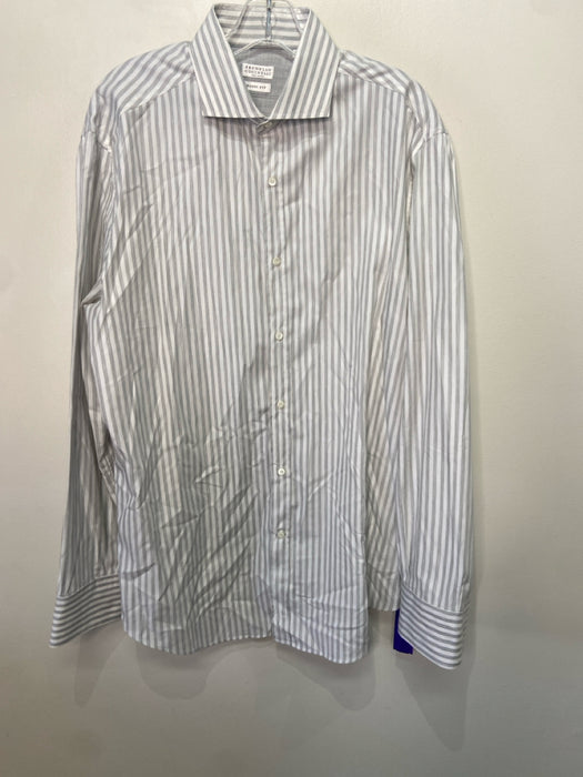 Brunello Cucinelli Size XXL Gray & White Cotton Striped Men's Long Sleeve Shirt