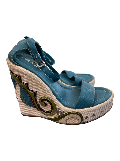 Prada Shoe Size 35 Turquoise, White & Green Leather Canvas Seahorse Wedges Turquoise, White & Green / 35