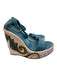 Prada Shoe Size 35 Turquoise, White & Green Leather Canvas Seahorse Wedges Turquoise, White & Green / 35