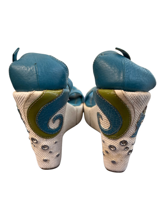 Prada Shoe Size 35 Turquoise, White & Green Leather Canvas Seahorse Wedges Turquoise, White & Green / 35