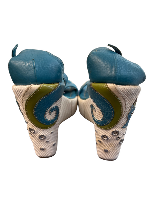 Prada Shoe Size 35 Turquoise, White & Green Leather Canvas Seahorse Wedges Turquoise, White & Green / 35