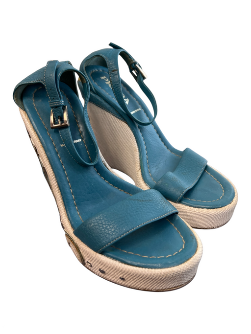 Prada Shoe Size 35 Turquoise, White & Green Leather Canvas Seahorse Wedges Turquoise, White & Green / 35