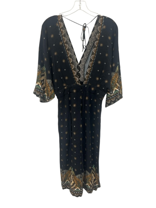Farm Size M Black & Multi V Neck 1/2 Sleeve Floral Midi Dress Black & Multi / M