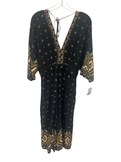Farm Size M Black & Multi V Neck 1/2 Sleeve Floral Midi Dress Black & Multi / M