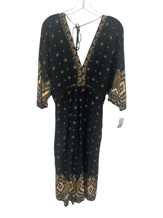Farm Size M Black & Multi V Neck 1/2 Sleeve Floral Midi Dress Black & Multi / M
