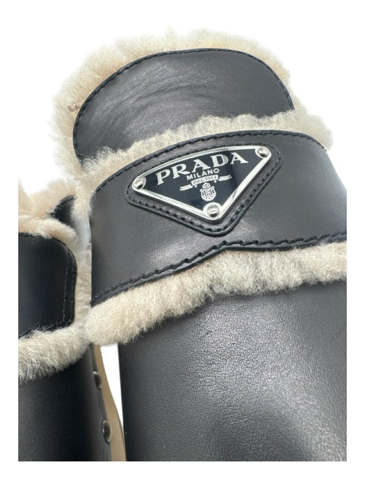 Prada Shoe Size 39 Black & Beige Leather Shearling Studs Wood Sole Mule Clogs Black & Beige / 39