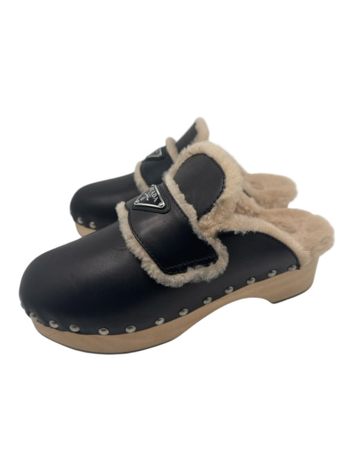 Prada Shoe Size 39 Black & Beige Leather Shearling Studs Wood Sole Mule Clogs Black & Beige / 39