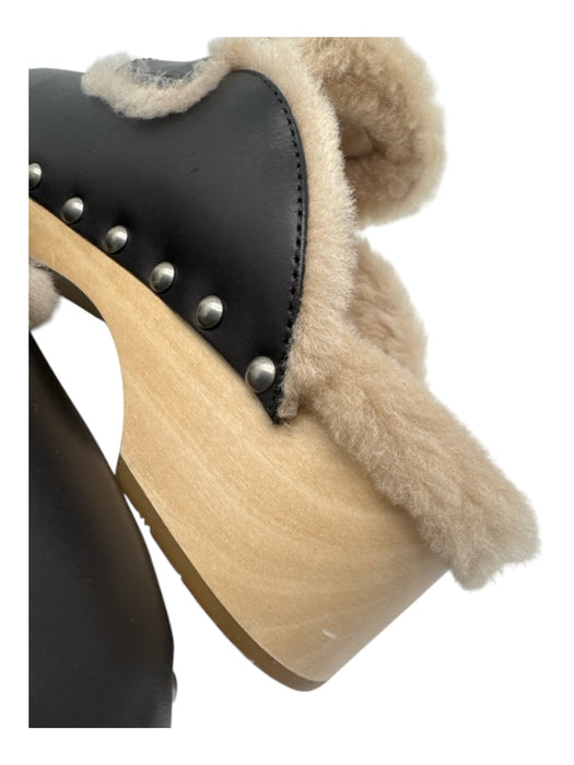 Prada Shoe Size 39 Black & Beige Leather Shearling Studs Wood Sole Mule Clogs Black & Beige / 39