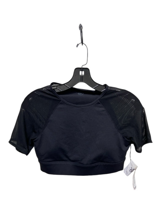 Alo Yoga Size M Black Nylon Side Zip Mesh Sleeves Short Sleeve Crop Top Black / M