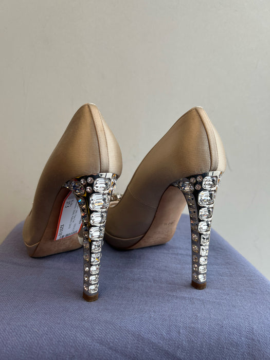 Miu Miu Shoe Size 37.5 Champagne Satin Peep Toe Rhinestone Stiletto Shoes