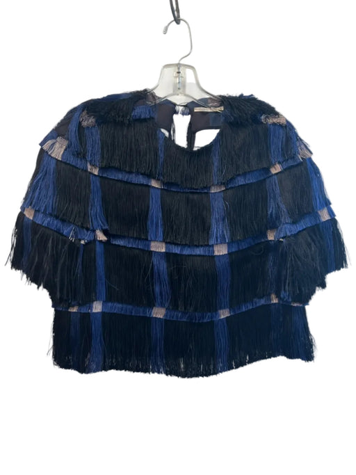 Marco de Vincenzo Size 2 Black & Navy Polyester Short Sleeve Fringe Top Black & Navy / 2