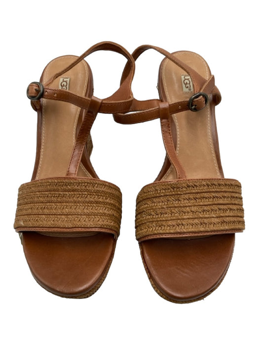 Ugg Shoe Size 8.5 Tan Leather Raffia T Strap Open Front & Back Wedge Shoes Tan / 8.5