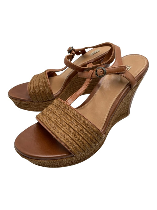 Ugg Shoe Size 8.5 Tan Leather Raffia T Strap Open Front & Back Wedge Shoes Tan / 8.5