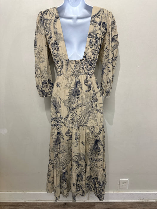 Love The Label Size S Beige & Navy Cotton Long Sleeve Floral Deep v neck Dress